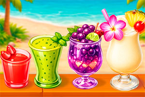 Quatro cocktails tropicais coloridos com fruta e flores numa mesa junto à praia