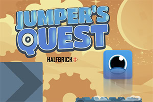 Personagem azul de um só olho junto a plataformas e engrenagens, com o texto Jumper’s Quest em destaque