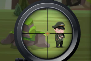 Visão através de uma mira telescópica focando em um personagem de desenho animado vestido de militar em um ambiente de floresta