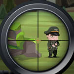 Jungle Sniper Visão através de uma mira telescópica focando em um personagem de desenho animado vestido de militar em um ambiente de floresta