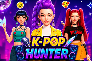 Três personagens femininas de estilo K-pop com roupa colorida, colunas de som e fundo neon com o título K-POP HUNTER