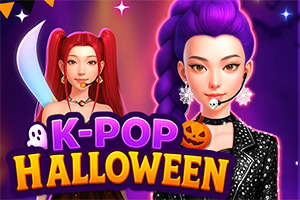 Duas personagens K-pop estilizadas com visual de Halloween, fundo roxo néon, abóbora, fantasma e o texto K-POP HALLOWEEN