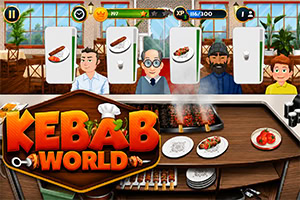 Cozinha de kebabs com três funcionários, grelhador fumegante, pratos de comida e logótipo Kebab World em destaque
