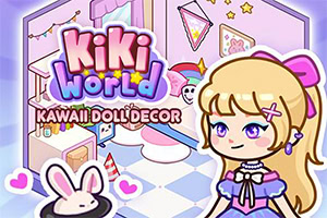 Ilustração kawaii de uma menina loira com vestido roxo num quarto decorado em tons pastel, com coelho, estrelas e corações