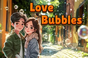Casal jovem abraçado numa rua urbana iluminada pelo sol, rodeado de bolhas de sabão e com o texto Love Bubbles