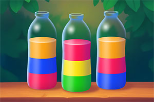 Três frascos de vidro alinhados sobre uma mesa de madeira, cada um com camadas de líquido colorido (azul, amarelo, rosa, verde e vermelho) sobre um fundo de folhas verdes