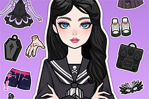 Rapariga de estilo gótico com cabelo preto e uniforme escuro, rodeada por acessórios e peças de roupa sobre fundo roxo