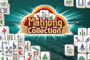 Logótipo Mahjong Collection ao centro, rodeado por peças de mahjong sobre um fundo verde com raios luminosos