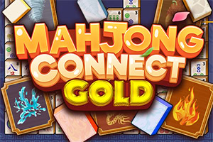 Logótipo colorido Mahjong Connect Gold sobre peças de mahjong e cartas com símbolos de gelo, fogo e dragão