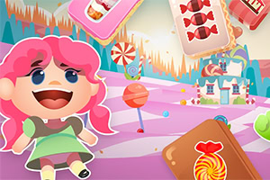 Menina de cabelo rosa em um cenário de doces coloridos com pirulitos e casas de biscoito ao fundo