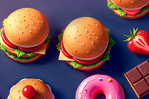 Vários hambúrgueres, um donut cor-de-rosa com sprinkles, um morango e uma tablete de chocolate sobre fundo azul escuro