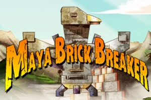 Texto Maya Brick Breaker em estilo colorido sobre uma cena desenhada com um totem de pedra e blocos empilhados num cenário de montanhas