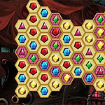 Mysterious Pirate Jewels 3 Tabuleiro de jogo de quebra-cabeça de combinação com peças hexagonais coloridas formando um mapa em um cenário circense