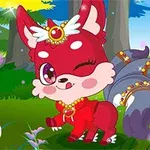 Personagem de desenho animado de raposa vermelha com joias e coroa em um cenário de floresta