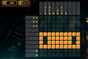 Tela de jogo no estilo puzzle nonogram com números e blocos iluminados em amarelo