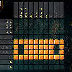 Nonogram Saga Tela de jogo no estilo puzzle nonogram com números e blocos iluminados em amarelo