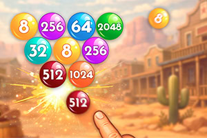 Bolas coloridas com números sobre um cenário de deserto, com um dedo a tocar numa bola vermelha e faíscas luminosas
