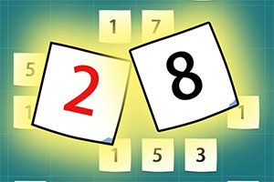 Dois cartões inclinados com os números 2 e 8, rodeados por pequenos cartões numéricos sobre fundo verde quadriculado