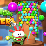 Personagem de desenho animado verde sorridente ao lado de uma torre cheia de bolinhas coloridas no jogo Om Nom Tower 3D