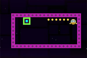 Cena de jogo estilo plataforma com um quadrado verde e um personagem amarelo em um cenário roxo e preto com pontos de luz