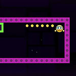 Pac Maze Cena de jogo estilo plataforma com um quadrado verde e um personagem amarelo em um cenário roxo e preto com pontos de luz