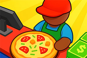 Atendente em uma lanchonete segurando uma pizza ao lado de uma caixa registradora e pilhas de dinheiro
