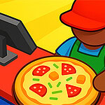 Atendente em uma lanchonete segurando uma pizza ao lado de uma caixa registradora e pilhas de dinheiro