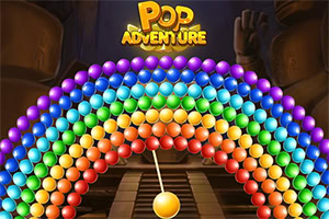 Arco colorido de bolas brilhantes suspensas sobre um caminho de madeira, com uma bola amarela em primeiro plano e o texto «Pop Adventure» no topo