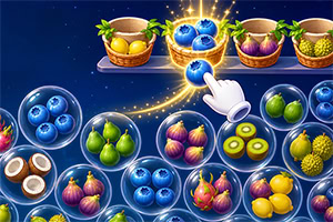 Mão com luva branca a tocar numa esfera azul brilhante, rodeada por bolhas com frutas coloridas sobre fundo estrelado