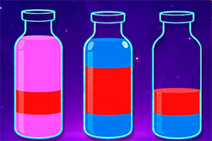 Três frascos de vidro com líquidos rosa, vermelho e azul sobre fundo roxo