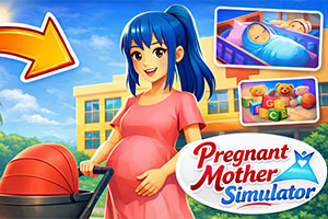Mulher grávida sorridente junto a um carrinho de bebé, com berçário e brinquedos ao fundo em estilo cartoon