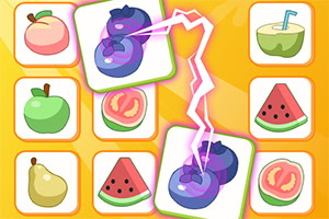 Tabuleiro colorido com peças de fruta e dois amuletos roxos ligados por relâmpagos cor-de-rosa