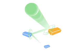 Ilustração 3D abstrata com feixe verde a ligar blocos azul e laranja sobre fundo branco