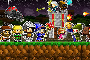 Personagens de pixel art com diferentes trajes e armas em um cenário noturno com castelo, céu estrelado e criaturas ao fundo