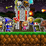 Retro Defenders: Towers' War Personagens de pixel art com diferentes trajes e armas em um cenário noturno com castelo, céu estrelado e criaturas ao fundo
