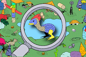 Ilustração colorida de um pato em uma lupa com diversos objetos e animais ao redor