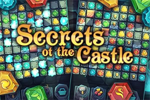 Tabuleiro de jogo com joias coloridas e o título «Secrets of the Castle» em destaque