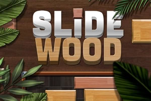 Logótipo SLIDE WOOD em letras 3D sobre fundo de madeira escura, rodeado por folhas tropicais e blocos deslizantes de madeira