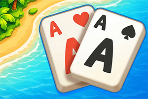 Dois ases de baralho sobrepostos (copas e espadas) sobre fundo azul com margem de praia e folhagem