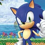Sonic the Hedgehog posando com o dedo para cima em um cenário colorido com livros empilhados e flores