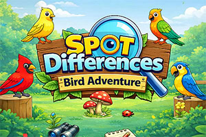 Ilustração colorida de floresta com quatro pássaros em troncos, cogumelos, binóculos e uma lupa sobre o título Spot Differences Bird Adventure