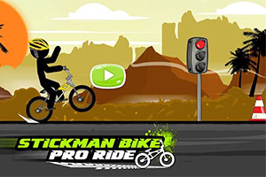 Figura em silhueta de um ciclista num BMX a empinar a roda dianteira numa estrada, com semáforo e paisagem desértica ao fundo, e o texto STICKMAN BIKE PRO RIDE na parte inferior