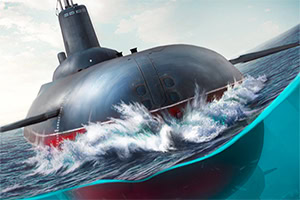Submarino negro a emergir entre ondas agitadas, com casco azul-turquesa em primeiro plano