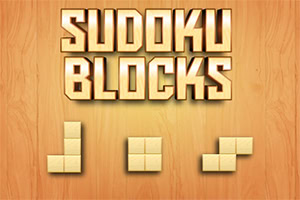 Texto Sudoku Blocks em estilo 3D no topo, com três formas geométricas feitas de blocos abaixo, tudo sobre um fundo de madeira