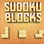 Texto Sudoku Blocks em estilo 3D no topo, com três formas geométricas feitas de blocos abaixo, tudo sobre um fundo de madeira