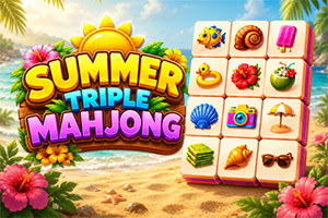 Logótipo colorido Summer Tile Mahjong junto a peças com ícones de verão, sobre uma praia tropical com flores e palmeiras