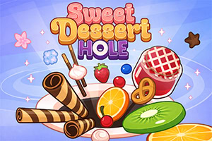 Logótipo colorido com o texto Sweet Dessert Hole rodeado por doces e frutas, incluindo rolos de bolacha, um donut com cobertura, uma fatia de kiwi, uma fatia de laranja e um morango, sobre fundo azul