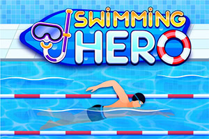 Nadador de costas numa piscina com bóias coloridas e o texto Swimming Hero em destaque