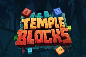 Logótipo colorido com o texto TEMPLE BLOCKS em letras 3D sobre um fundo de selva escura, rodeado por pequenos blocos com símbolos