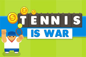 Personagem de desenho animado jogando tênis com uma faixa vermelha na cabeça e moedas no ar, com texto acima que diz Tennis is War